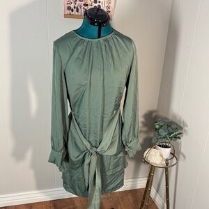 Prettygarden Olive Green Satin Tie-Front Dress
